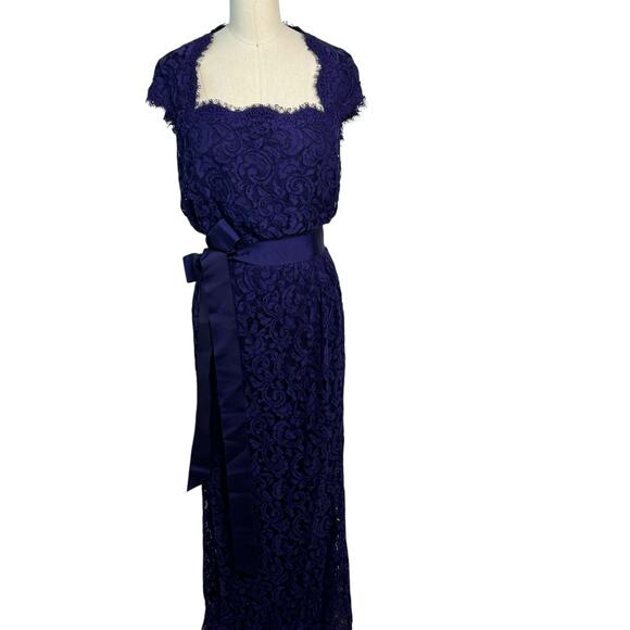 Tadashi Shoji Cap Sleeve Lined Ribbon Tie Sash Lace Long Gown Blue Womens Size 6 - Picture 4 of 11